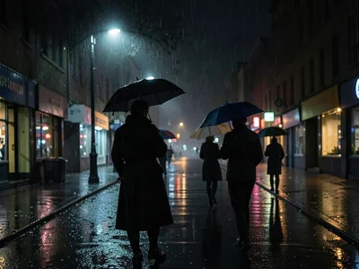 Rainy night street with umbrella silhouettes