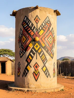 Concrete water tower painted with Zulu shield patterns, rural African setting