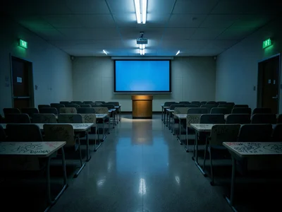 A university lecture hall at midnight, 400 empty fold-down seats in ascending ro