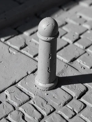 Single grey street bollard, deeply scored at the top, casting a long sharp shado