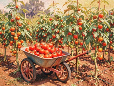A wheelbarrow full of just-picked tomatoes parked beside a row of staked tomato 