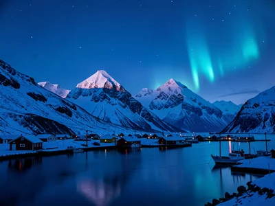Polar night blue hour in Tromso, Norway, snow-covered mountain peaks catching th