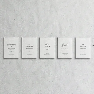 A horizontal timeline of seven invitation-design iterations evolving left to rig