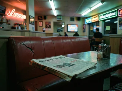 Cracked vinyl diner booth with newspaper