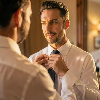 Warm vertical of a model adjusting the knot of a silk tie at the mirror, golden 
