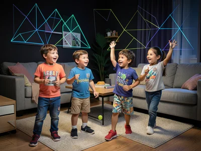 Kids modeling new school outfits at home, showing off in living room