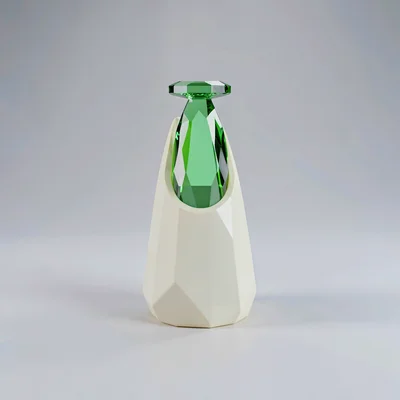 Tiny emerald lowpoly nail held upright with a sharp faceted point and a tiny fla