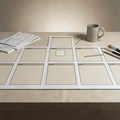 Storyboard grid printout fanned across a long table, painter mug and graphite st