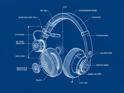 An exploded-view of headphones: driver units, diaphragms, ear cups, headband mec