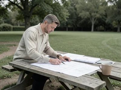 Architect reviewing blueprints spread across picnic table in park