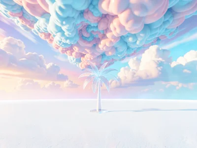 Pearl-white plain stretching to a tropical horizon with a single translucent pal