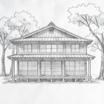 Blueprint elevation of a cedar tea house with low veranda and shoji panels, soft