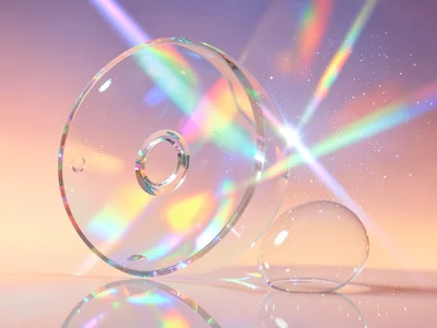 Holographic disc tilted on edge throwing prismatic light fans across a peach-to-