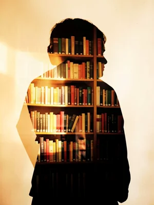 Thinking pose silhouette filled with library bookshelves and warm light, double 