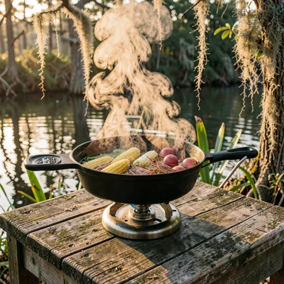 Atmospheric photograph with Louisiana bayou sensibility, Cast iron dutch oven on