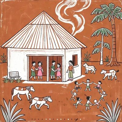 Village hut with family outside — triangular roof, smoke, animals in yard