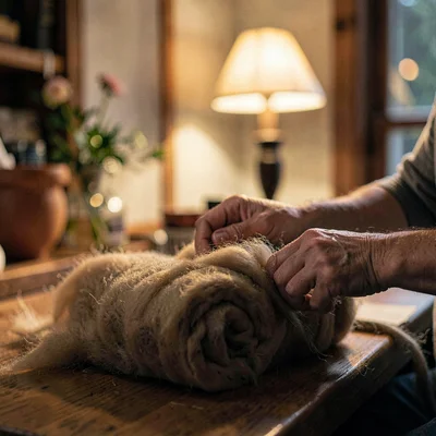 Hands rolling wool roving by lamplight, blurred warm bokeh