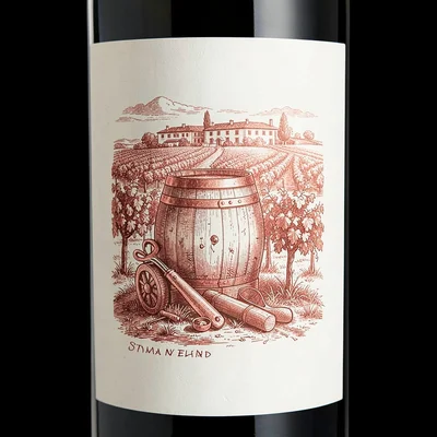 Wine label illustration, Oak barrel with cooper's tools , elegant estate scene, 