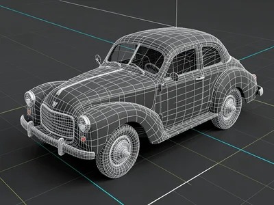 A vintage car in three-quarter view rendered as edge-only wireframe mesh, its bo