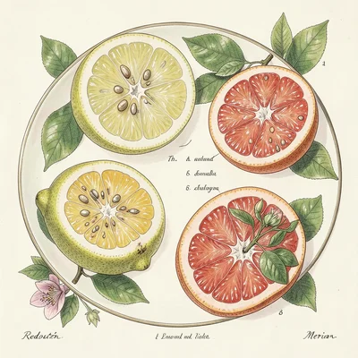 A citrus plate: cross-sections of lemon, lime, orange, and grapefruit showing se