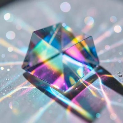 Dichroic glass filter extreme closeup, color shifting from cyan to magenta as an