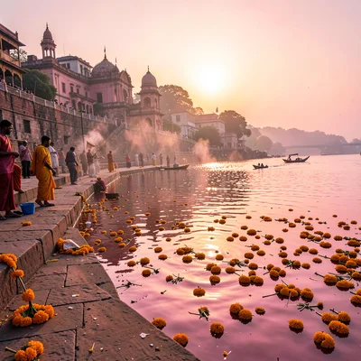 Varanasi ghat dawn, Ganges pink-gold light, flower offerings floating on water, 