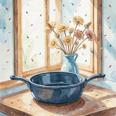 Gouache scene of a pan set in a sunlit window with a vase of dried flowers behin