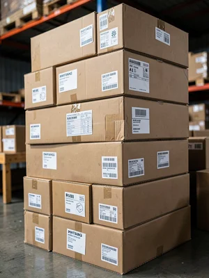 Stack of shipping boxes with various labels, warehouse tower of cardboard