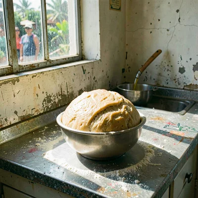 Documentary photograph with Jamaican yard aesthetic, Festival dough rising in a 