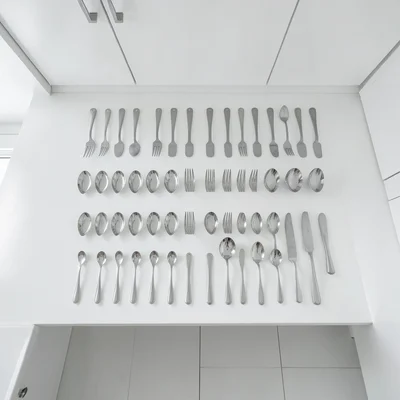 Kitchen in stark white, utensils in perfect grid arrangement, overhead shot, cli