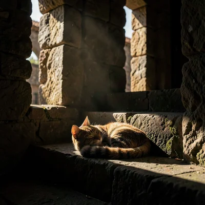 Dramatic natural light streaming through stone openings, deep chiaroscuro shadow