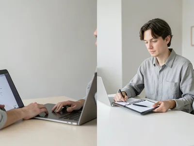 Student on a video lecture, split screen showing professor on laptop and notes o