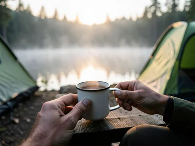 Morning coffee in enamel mug at campsite, mist over lake, dawn