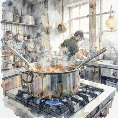 Atmospheric watercolor of a busy industrial kitchen with a large pot of stew on