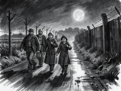 Refugee family crossing border