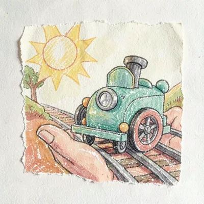 Child holding the engine in palm before placing it back on rails, warm light