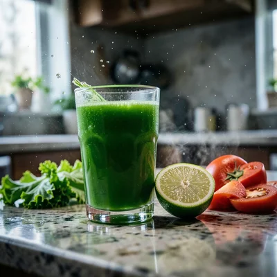 Fresh green juice in a glass next to cut vegetables on a kitchen counter