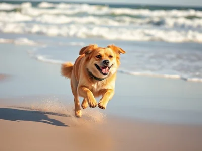 Candid photography style, a joyful dog running full speed along the shoreline on a sunny beach, sand kicking up under it