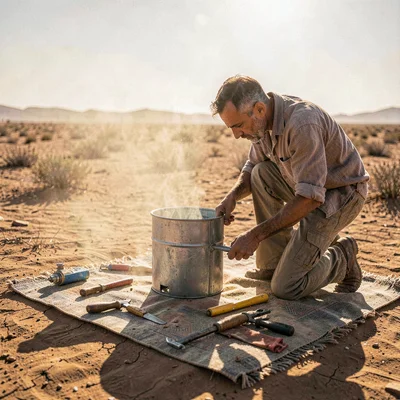 Desert environment photograph, extreme heat conditions, A man repairing a water 