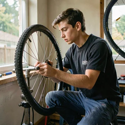 Environmental portrait of a teenage volunteer truing a bicycle wheel on a stand,