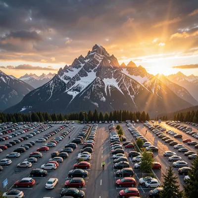 Heroic mountain summit sunrise revealing an endless parking lot below