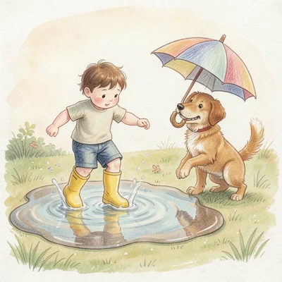 A child in yellow rain boots jumping in a giant puddle, a patient dog holding an