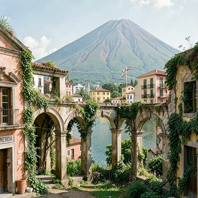 Colonial color against volcano in Granada, Nicaragua, A collapsed colonial arcad