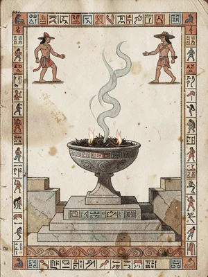 Copal incense burning in stone brazier — smoke curling upward, altar setting