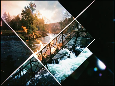 Fire escape zigzag over river rapids, diagonal steel lines intersecting chaotic 