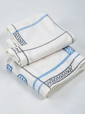 Folded Ainu garment stack — three robes folded with embroidery borders visible a