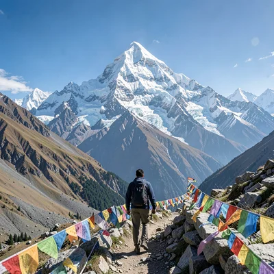 High altitude clarity of Kathmandu, Nepal, Single trekker on trail dwarfed by An