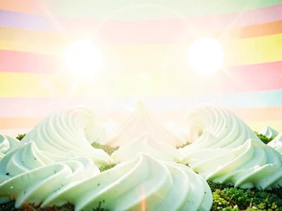 Mountain range carved into perfect crescent waves like sculpted meringue, pastel