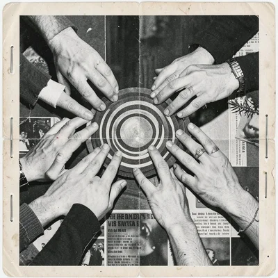 Layered hands from different magazine sources, all reaching toward a central sun