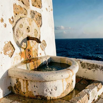 Mediterranean summer photograph, August dry heat, A stone drinking fountain buil